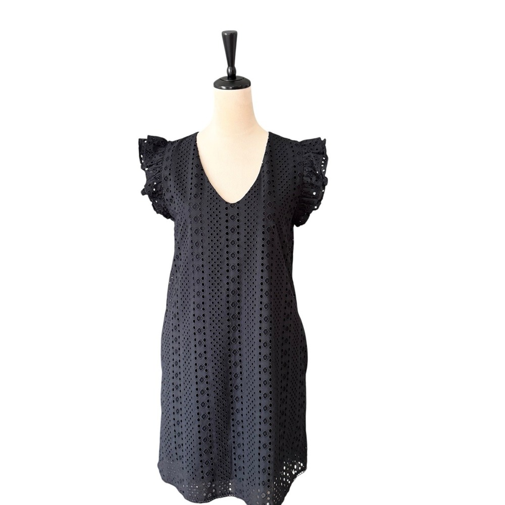 NWT Evereve Tinsley Black Eyelet Ruffle Sleeve Mini Dress LBD Size XS (US 2) - Picture 2 of 14